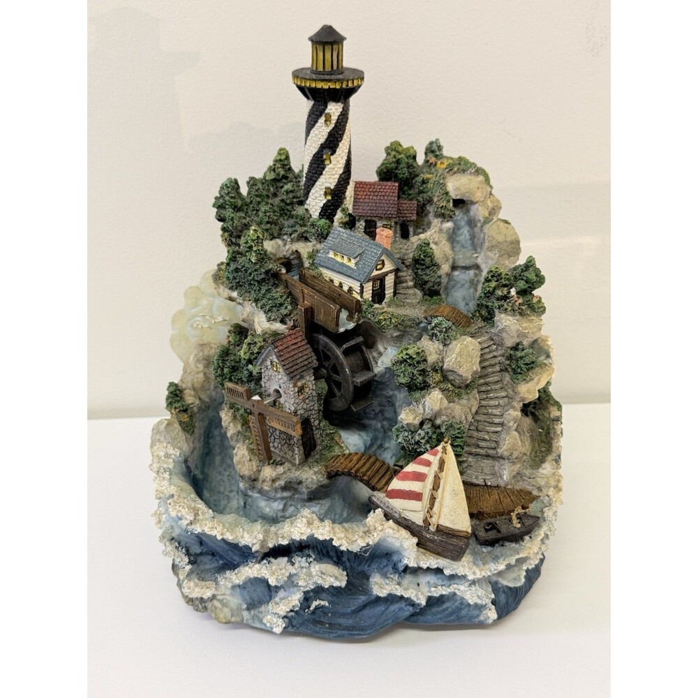 Vintage Lighthouse Coastal Village Water Mill Sailboat Waterfall Resin Sculpture